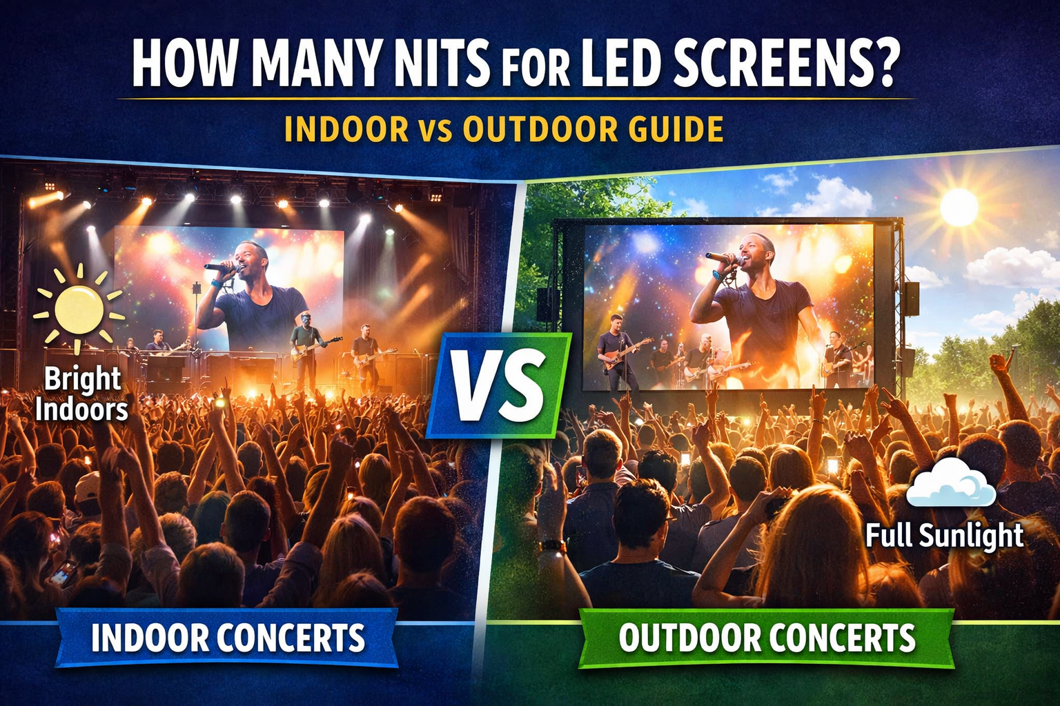 How Many Nits for LED Screens Indoor vs Outdoor Concert Guide feature image - Leading LED lighting Manufacturer - Vorlane - Vorlane