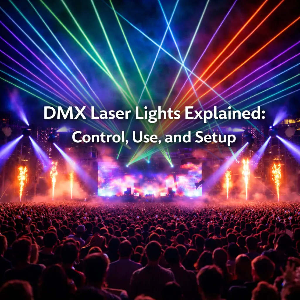 3DMX laser lights guide cover with centered title and live show scene - DMX Laser Lights Explained: Control, Use, and Setup - Vorlane