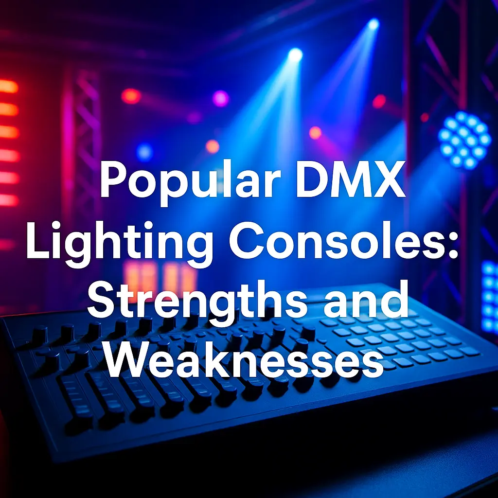 DMX console with colorful stage lighting in background - Popular DMX Lighting Consoles: Strengths and Weaknesses - Vorlane