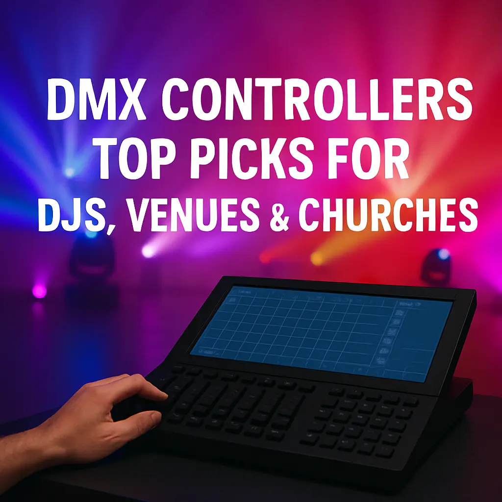 DMX controller article cover with centered title and colorful stage lights - DMX Controllers: Top Picks for DJs, Venues & Churches - Vorlane