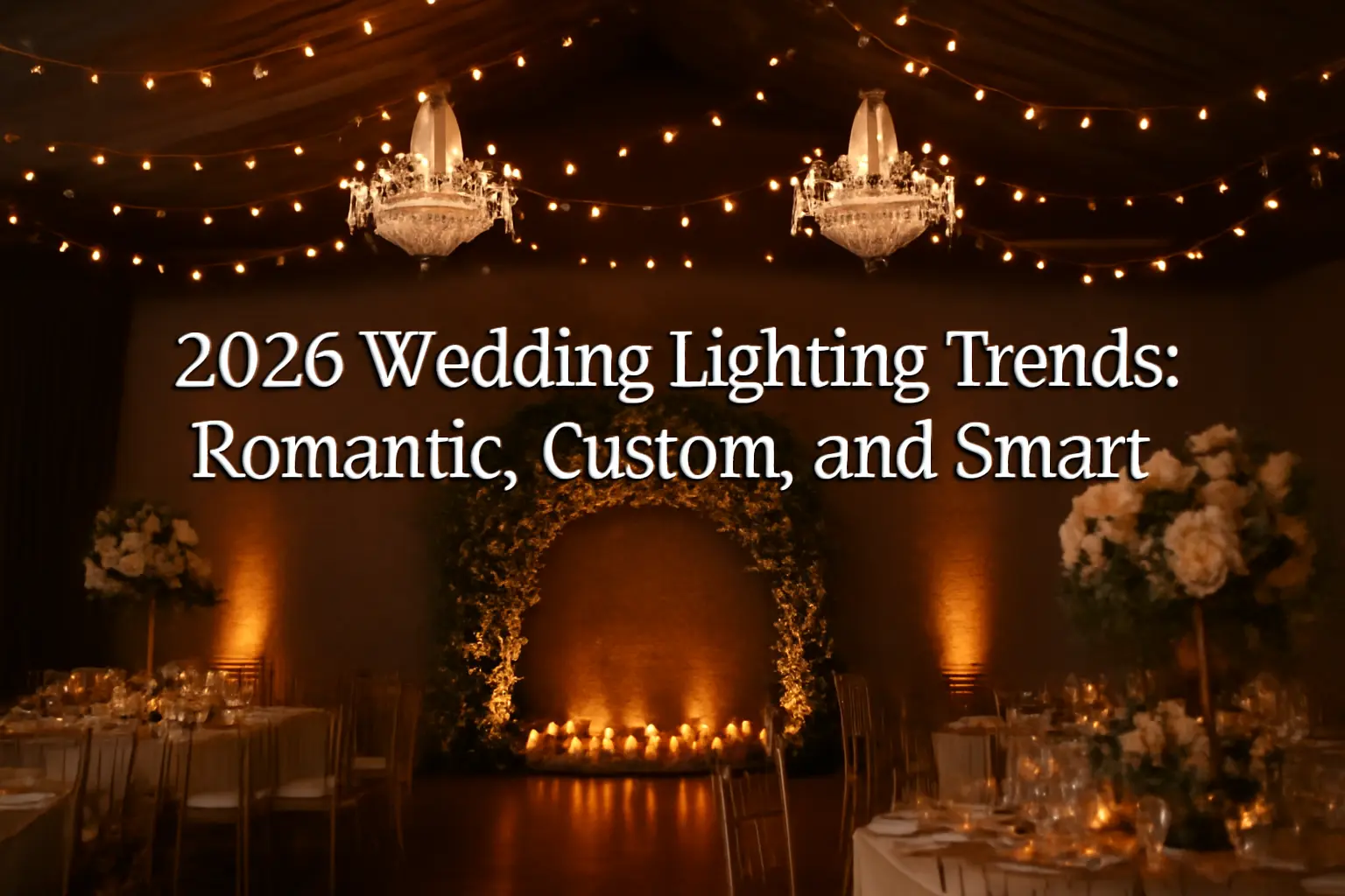 Elegant wedding reception with romantic lighting chandeliers and floral decor - 2026 Wedding Lighting Trends: Romantic, Custom, and Smart - Vorlane