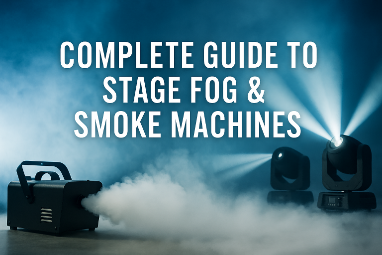 fog machine and stage lights with guide title - Complete Guide to Stage Fog & Smoke Machines (2025 Edition) - Vorlane