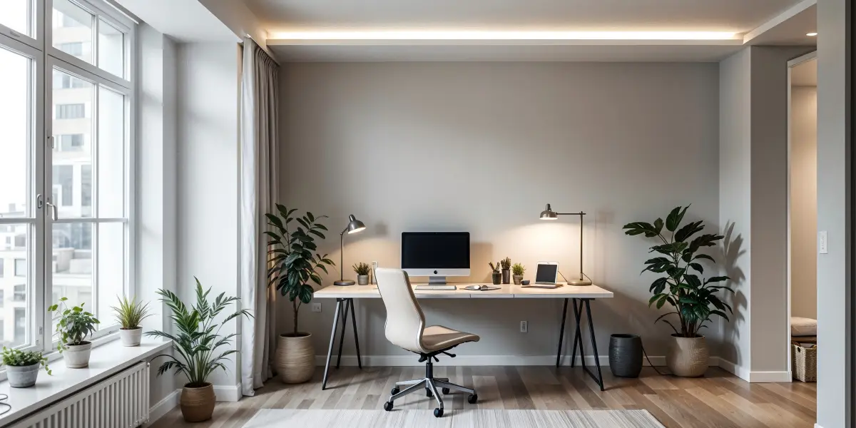 Modern home office with LED panel lights and downlights providing bright efficient lighting for a productive workspace1 - 27 Best Home Office Lighting Ideas [May 2026] - Vorlane