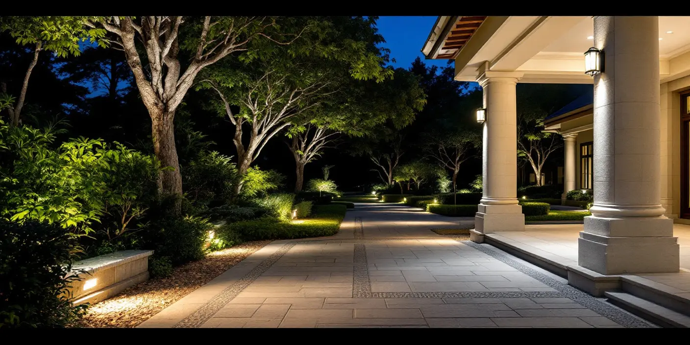 Outdoor scene with both downlighting and uplighting illuminating seating areas and landscape features for functional and aesthetic appeal - Downlighting vs Uplighting: Key Differences & Uses [2026] - Vorlane