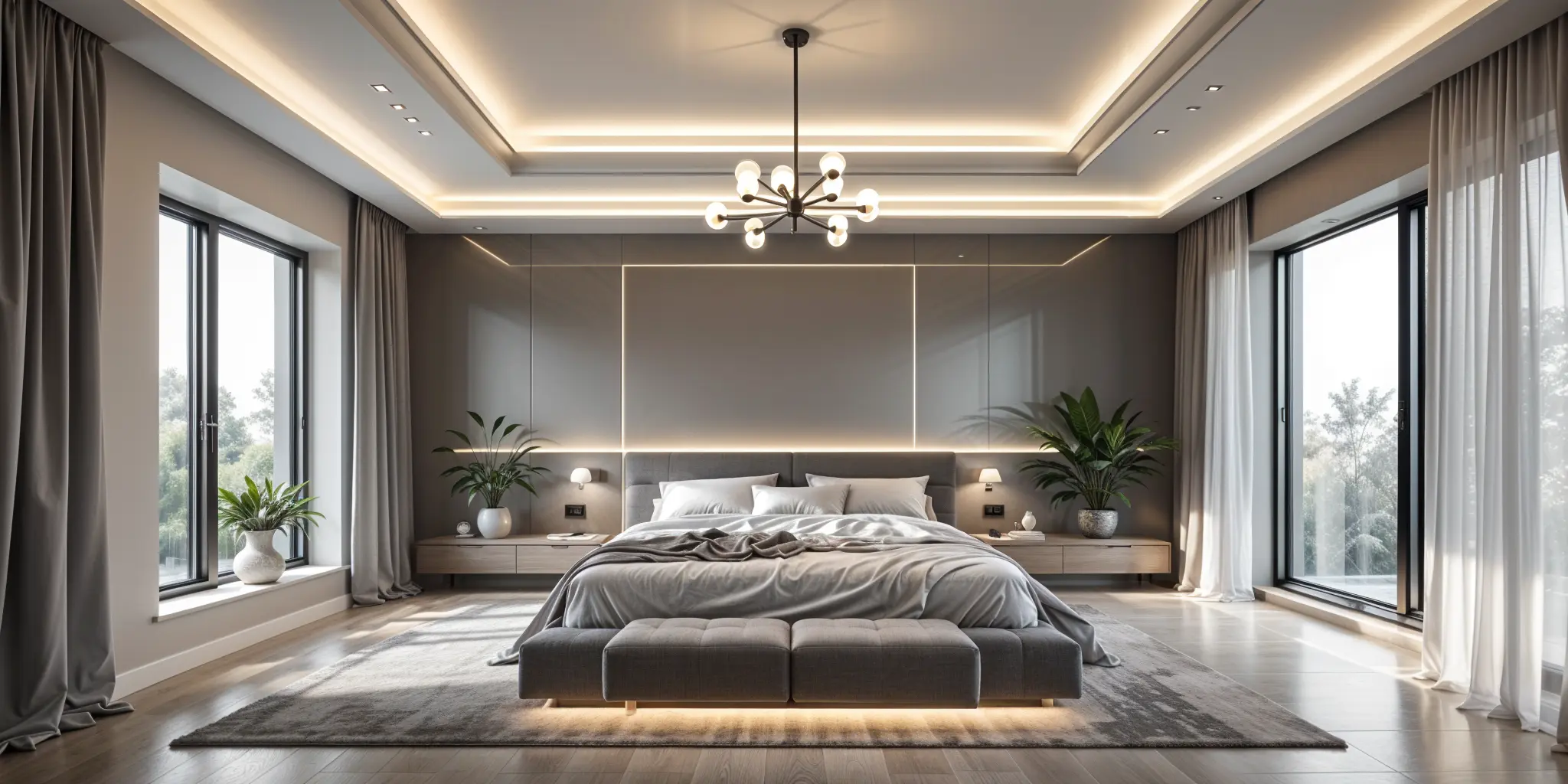 Spacious modern bedroom with layered lighting featuring chandelier bedside lamps wall sconces and ambient LED lighting for comfort and style - 25 Bedroom Lighting Ideas for Every Mood [May 2026] - Vorlane