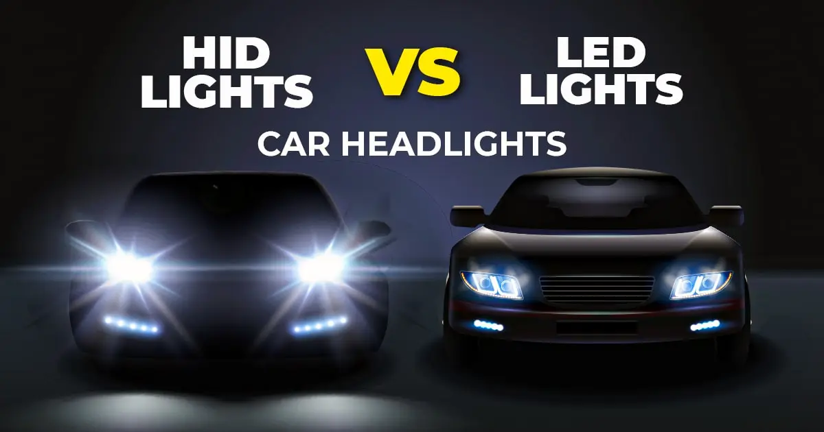 Two cars side by side one with HID lights and the other with regular headlights illuminating the road ahead - What Are HID Headlights? - Vorlane - Vorlane