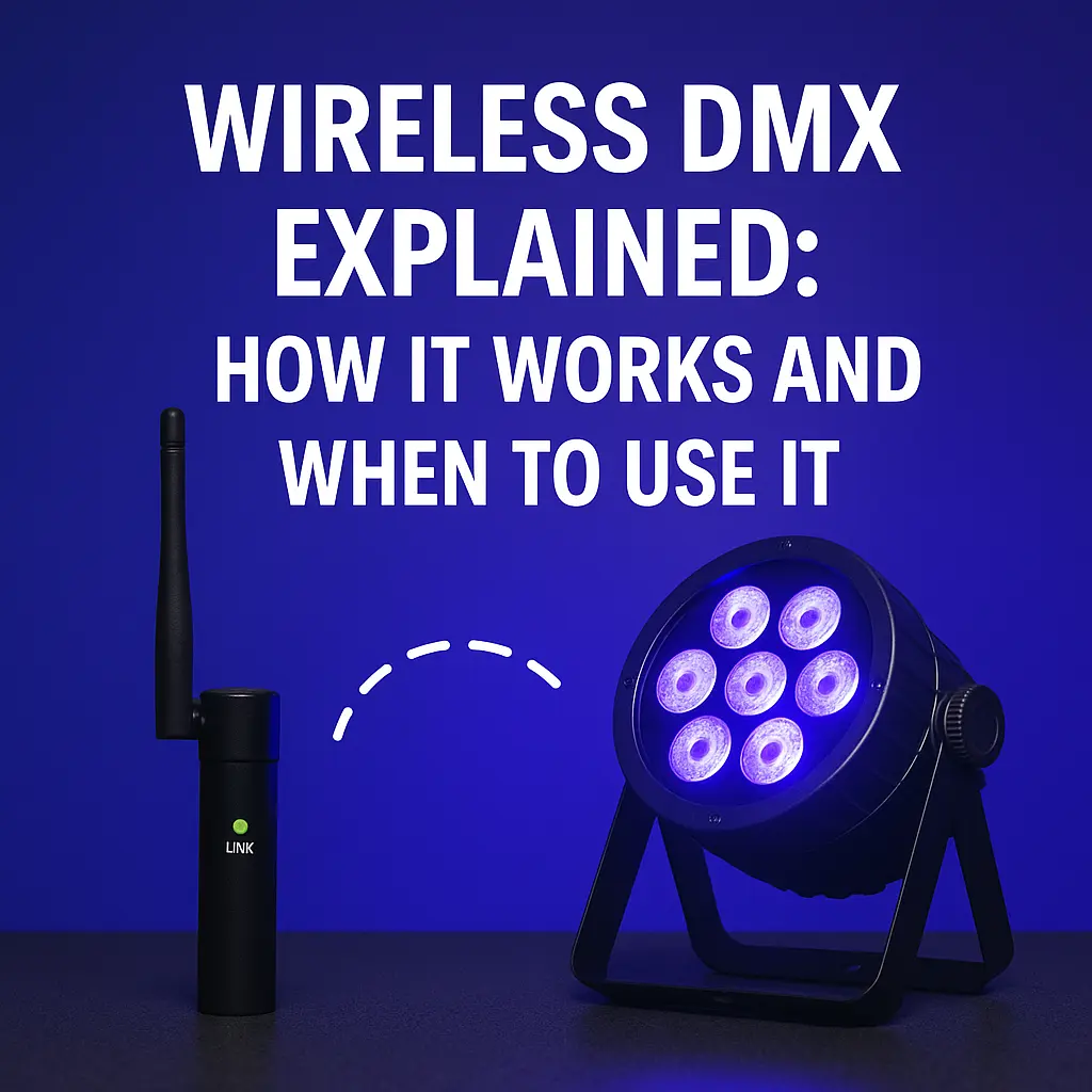 Wireless DMX article cover with transmitter and PAR light illustration - Wireless DMX Explained: How It Works and When to Use It - Vorlane