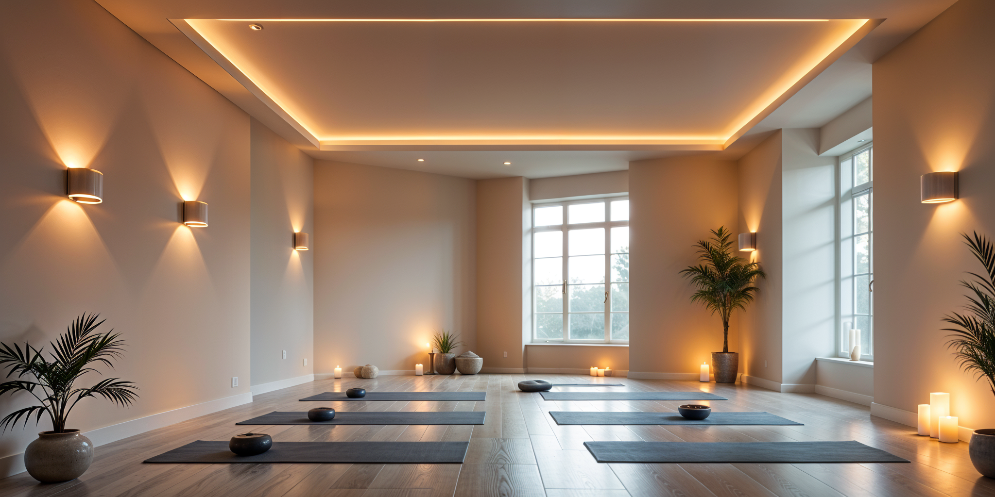 Yoga studio with ambient lighting featuring dimmable ceiling lights wall sconces and natural ligh - 50 Inspiring Yoga Studio Lighting Ideas [May 2026] - Vorlane
